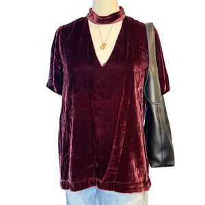 Madewell Velvet Choker Blouse Short Sleeve V-Neck Top Burgundy Wine Size S